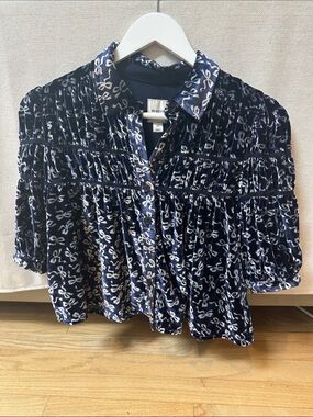 Maeve Navy and Cream Velvet Printed Button-Front Blouse